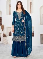 Faux Georgette Blue Wedding Wear Embroidery Work Sharara Suit